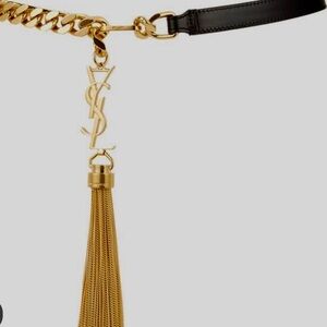 Saint Laurent Monogram Logo YSL Gold Tassel Black Leather Chain Belt 💗